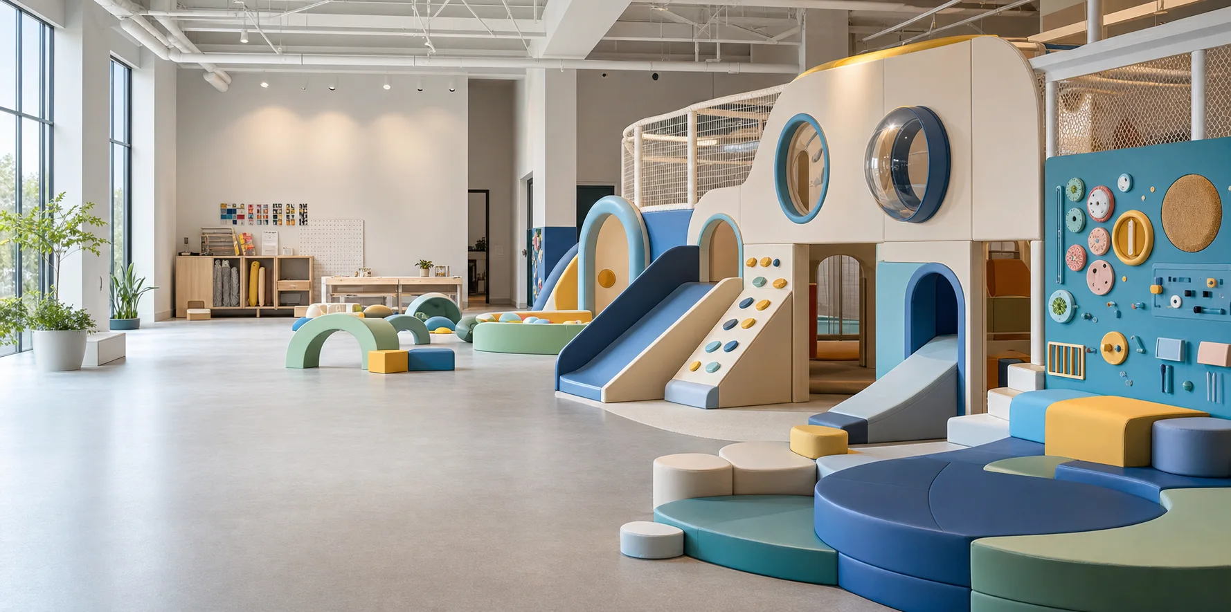 Premium indoor soft-play showroom with modular foam structures and sensory panels.
