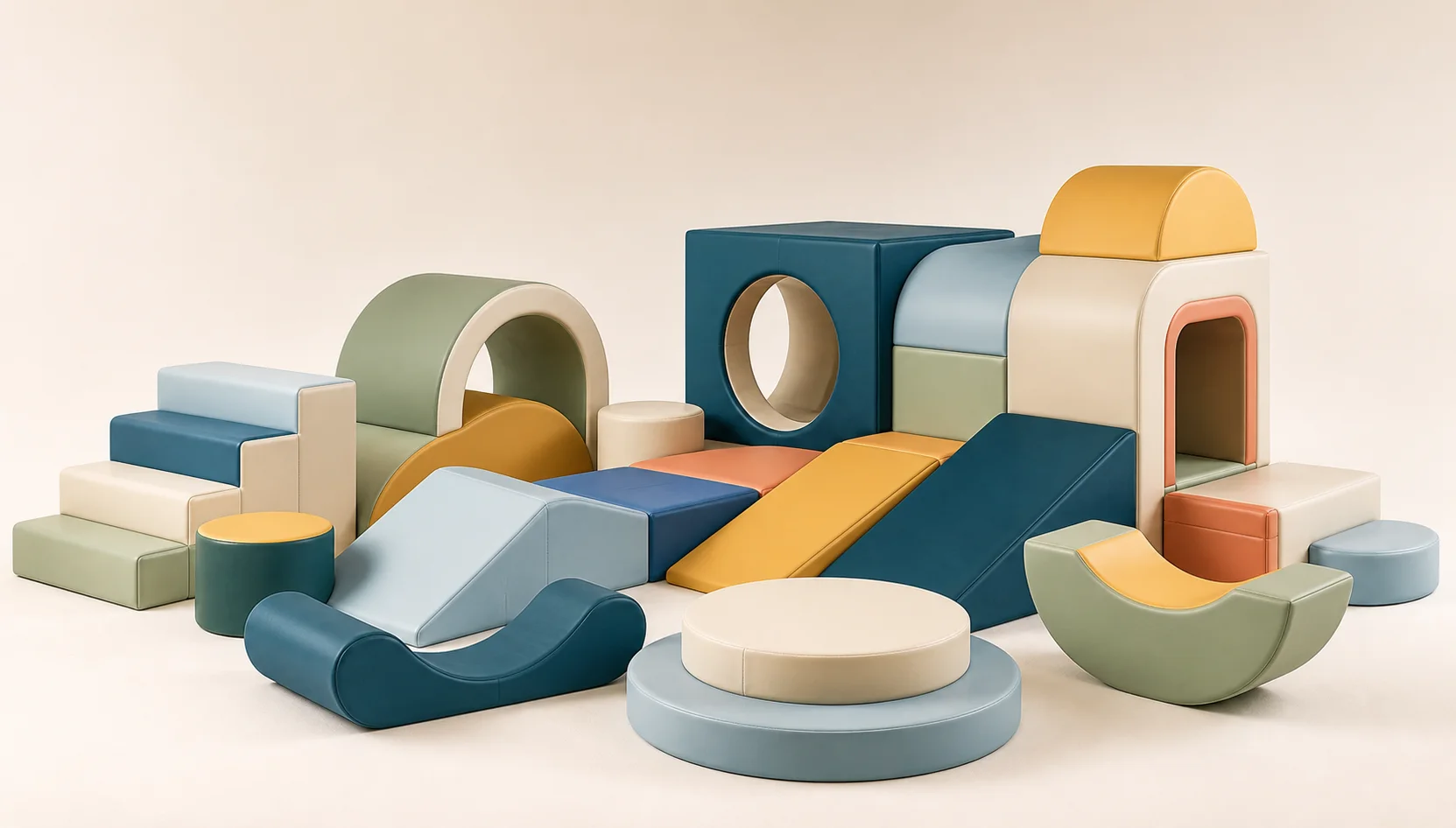 Studio product arrangement of modular foam arches, steps, pads, and play forms.