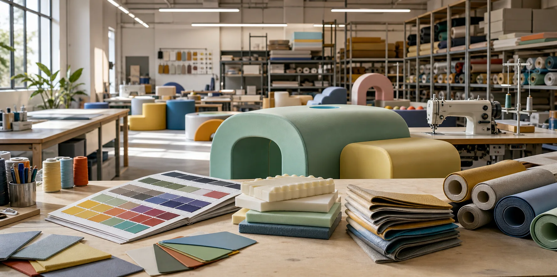 Fabrication studio with soft-play materials and foam forms.